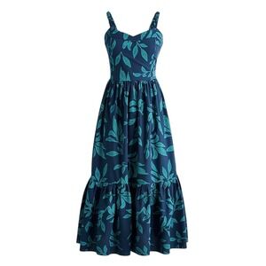 J. Crew Navy and Teal Leaf-Print Midi Dress